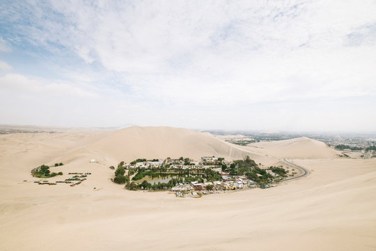 Aerial view of oasis of Huacachina, Ica, Peru