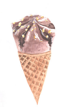 Chocolate ice cream cone poured with chocolate on white background  hand painted with watercolor
