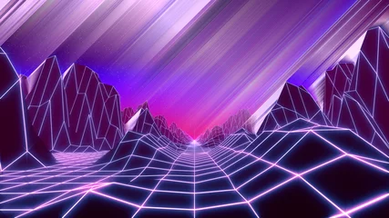 Printed roller blinds pruning 80s retro background 3d render. Retrowave low poly landscape with neon lights