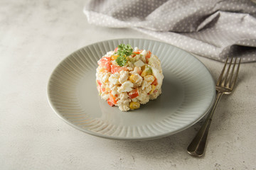 Mayonnaise meat and corn salad with bell pepper.