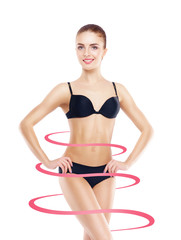 Obraz premium Slim and sporty female body. Fit and healthy girl in swimsuit. Health, sport, fitness and weight loss.