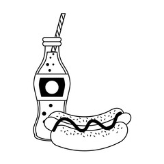 Fast food hot dog with cola soda bottle in black and white