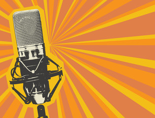 Vektor-Banner mit Studiomikrofon auf dem abstrakten Hintergrund mit orangefarbenen Strahlen im Retro-Stil. Professionelle Tonaufnahmegeräte. Geeignet für Banner, Werbung, Poster, Einladung zur Karaoke-Party © paseven