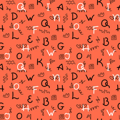 Doodle hand drawing. Seamless pattern. Black and white Letters on coral background. Vector illustration