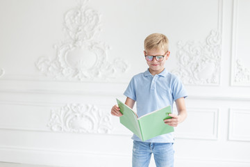 Young blond boy posing on a background of white wall with green textbook in hands