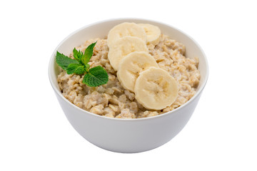 Oatmeal with banana and mint isolated