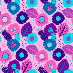 Seamless floral pattern with flowers and leaves, vector. Colorful seamless pattern with abstract floral motif. Good for products for kids, covers, print on fabric, wallpaper and more