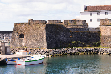  Ships, boats and boats in the port of Ponta Delgada in the area of the old Portuguese fort of St. Blasius. Island of San Miguel.