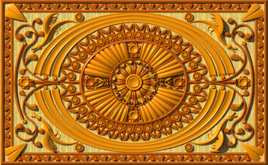 Wood carved ceiling traditional design 3D illustration 2. Ornaments, pattern, decorations, three types of wood. Collection.