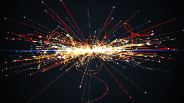 Particles collision in Hadron Collider. Astrophysics concept. 3D
