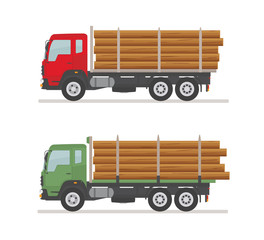 Two logging trucks on the road. Isolated on white background. Wood production and forestry. Vector illustration. 