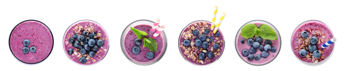 Set of delicious blueberry smoothie on white background, top view. Banner design