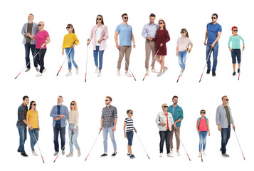 Set of blind people with long canes on white background