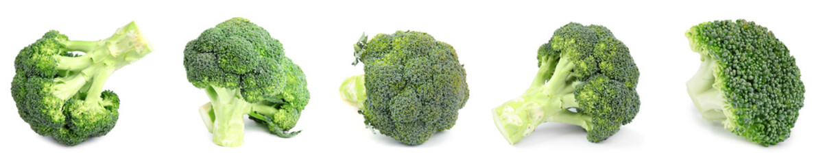 Set of fresh green broccoli on white background. Banner design - obrazy, fototapety, plakaty