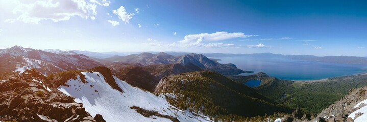 Panoramic photo of the beautiful mountains  of Tallac in South Lake Tahoe