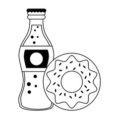 Food donut and cola soda bottle isolated in black and white