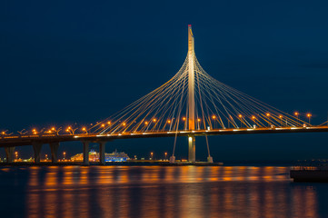 Modern bridge at night. Fragment of the Vantovy Bridge across the Petrovsky fairway. St....