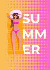 Beautiful young woman in sunglasses on the beach. Vector illustration