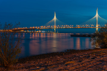 Magnificent modern bridge at night. Cable-stayed bridge of the north-western high-speed diameter...