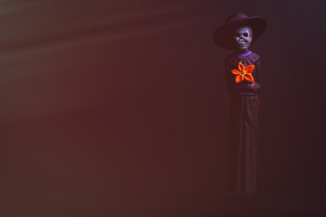Catrina mexicana negra con flor y sombrero