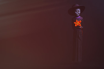 Catrina mexicana negra con flor y sombrero