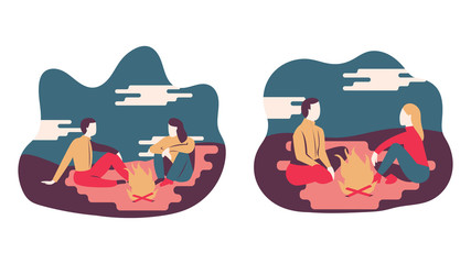 Man amd woman sitting near the campfire. People looking at campfire. Flat vector illustration
