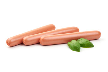 Fresh boiled sausages, close-up, isolated on white background