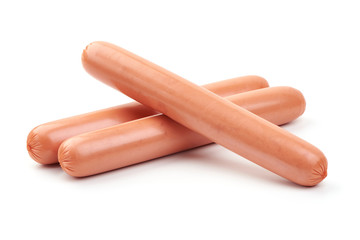 Fresh boiled sausages, close-up, isolated on white background