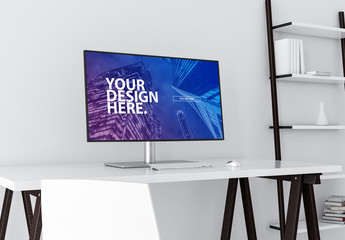 Wide Monitor on White Desk Mockup