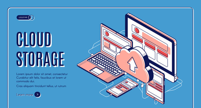 Cloud storage landing page on retro colored background, computer, laptop, tablet, smartphone connected with cloudy system server, internet service for smart gadgets Isometric 3d vector line art banner