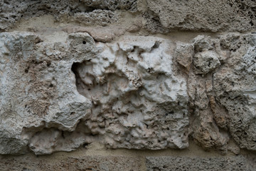 Background of old stone. Limestone is a sedimentary, detrital rock of organic, less often chemogenic origin, consisting of calcium carbonate (CaCO3) in the form of calcite crystals.