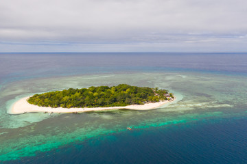 Tropical island with white beach and forest. Seascape, Philippine Islands.A small island surrounded by azure water and coral reefs, a top view.