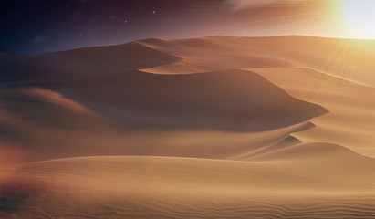 Sand dunes in desert at sunset. 3D rendered illustration. © vchalup