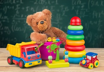 Toys collection isolated on light background