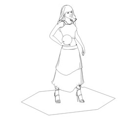 woman character, 3D illustration, sketch, outline