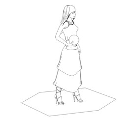 woman character, 3D illustration, sketch, outline