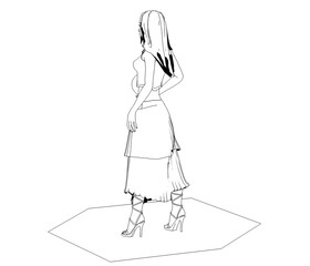 woman character, 3D illustration, sketch, outline