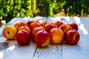 Ripe peaches with leaves on the old wooden table against the background of green leaves in the garden. Soft selective focus
