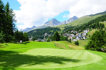 Fototapeta na wymiar Swiss alps: The Kulm Hotel 9 holw golf course in St. Moritz