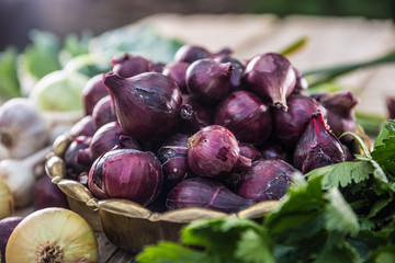 Red onion in bronze bowl garlic celery herbs and kohlrabi on garden table - Top of view. Close-up fresh healthy vegetable