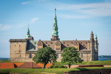 Skyline of Kronborg Castle and walls from the moats in Elsinore, Denmark