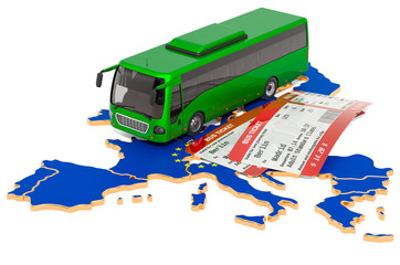 Bus travel in the European Union, concept. 3D rendering