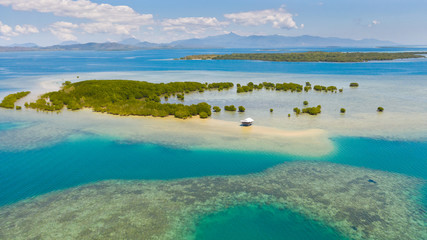 Mangrove trees on the atolls. Seascape with coral reefs and lagoons. Honda Bay,Philippines,aerial...