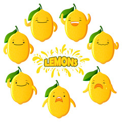 Set cut lemon characters. Cute fruit characters isolated on white background