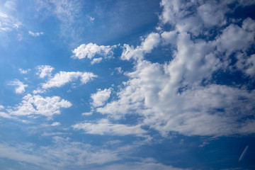 Blue sky in the soft white clouds. Natural cloudscape background, texture. Wide Horizontal Wallpaper With Copy Space
