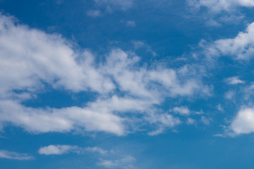 Blue sky in the soft white clouds. Natural cloudscape background, texture. Wide Horizontal Wallpaper With Copy Space