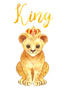 Watercolor cute lion cub in a crown, isolated on white background. Baby animal and hand lettering for cards, nursery prints, textile. Hand painted wild african mammal illustration. Cartoon style.