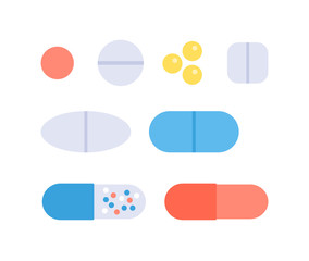 Vector flat color pill set. Colorful red, blue, yellow, white pills isolated on white background. Design element for web, banner, poster, presentation of medical pharma theme, hospital, drugstore.