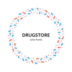 Vector flat color pill banner frame. Colorful red, blue, yellow, white pills isolated on white background in circle with text. Design element for medical drugstore web, poster, advertisment.