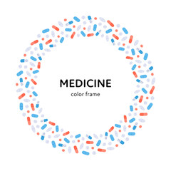 Vector flat color pill banner frame. Colorful red, blue, yellow, white pills isolated on white background in wide circle with text. Design element for medical pharma web, poster, advertisment.